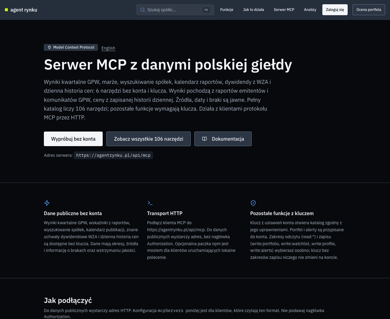 Publiczna strona MCP Agenta Rynku z adresem serwera i narzędziami dostępnymi bez konta